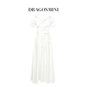 dragonmini白色v领短袖简约长款温柔收腰系带套头长裙连衣裙