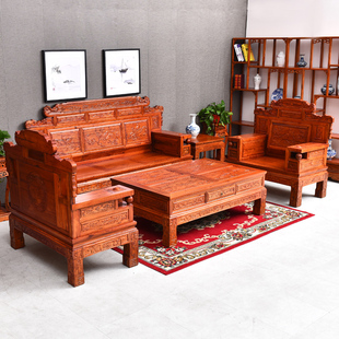 中式实木财源沙发组合榆木电视柜农村客厅木质，家具明清古典