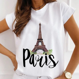 Paris Eiffel Tower T Shirt 时尚巴黎系列印花女士闺蜜T恤上衣