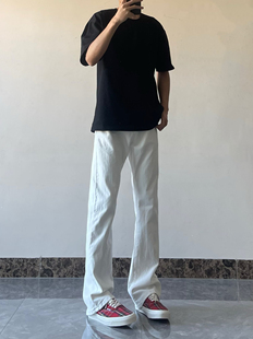 e23美式微喇白色牛仔裤，潮牌显瘦高个子，长裤男高街直筒修身裤子男