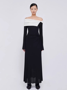 越南设计裙气质黑白撞色一字肩长袖打底小礼服连衣裙