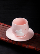 陶瓷粉色玉兔带柄禅定主人杯碟女性个人单杯茶杯套装2023女款