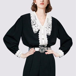 欧美复古时尚蕾丝娃娃领衬衫女2022春装设计感泡泡袖气质衬衣