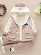 男女宝宝婴幼儿秋冬夹棉三件套0-1-2岁新生儿，可爱卡通薄棉外出服