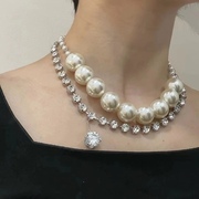 欧美满钻双层项链大小珍珠，拼接长款颈链，小众时髦轻奢风颈饰女