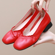 头层牛皮妈妈鞋真皮软底牛筋舒适软皮单鞋女士皮鞋红色浅口女鞋子