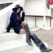 欧美小众裤管靴女坡跟长靴，百搭尖头不过膝靴侧拉链骑士靴网红