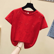 红色短袖t恤女2024春韩版洋气时尚个性镂空大码宽松圆领上衣