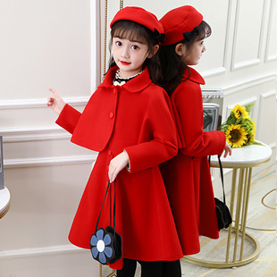 女童连衣裙2023女孩时髦洋气秋冬套装公主裙红色儿童毛呢冬裙