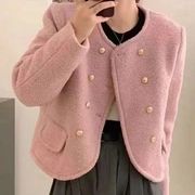 粉红色毛呢小香风外套，女2023冬季气质，双排扣加棉内胆呢子大衣