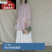 原创中国风女装中长款棉麻衬衫女士刺绣亚麻改良旗袍上衣中袖茶服