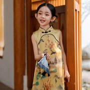 黄色旗袍女童公主连衣裙子中袖长款小女孩夏季儿童复古改良中国风