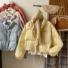 轻便型奶黄色立领抽绳羽绒，棉服女冬季宽松保暖洋气减龄面包服外套