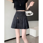 新中式国风提花半身裙女夏季气质，黑色a字裙小个子显瘦百褶短裙子