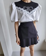 韩国东大门法式圆领蕾丝拼接字母泡泡，袖t恤女+系带百褶半身裙套装