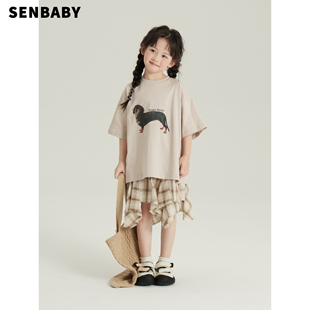 senbaby童装定制女童夏装短袖中大童腊肠犬T恤+不规则格子毛边裙