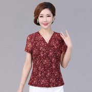 竹语声品牌短袖夏装中年女装台湾网纱大码妈妈，装t恤小衫上衣