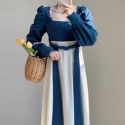 新中式国风汉服，改良蓝色长袖连衣裙女2024秋季法式灯芯绒裙子