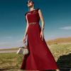 酒红色无袖系带长裙女士手工缝钻迪拜旅游时髦连衣裙沙特旅游