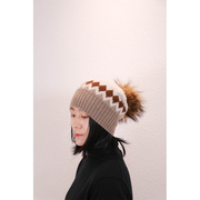 东雍 欧美时尚拼色花纹菱形坑条加厚保暖毛球羊绒针织毛线针织帽