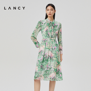 LANCY/朗姿夏季法式真丝印花长袖衬衫连衣裙女气质中长款裙子