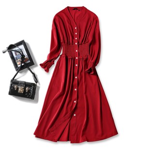 气质v领红色过膝长款连衣裙女法式复古褶皱，收腰显瘦长袖衬衫裙