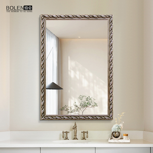 BOLEN 欧式实木卫浴镜子壁挂浴室镜卫生间镜子装饰镜厕所洗漱台镜