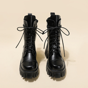 真皮秋冬骑士靴女2023黑色小个子8孔系带，马丁靴松糕厚底短靴