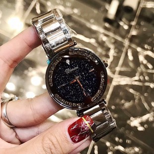 镜面水钻表带钢带款个性手表女时尚不锈钢石英皮带款国产腕表