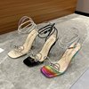 Lazada Women Sandals外贸蝴蝶结水钻透明高跟一字带仙女彩色凉鞋