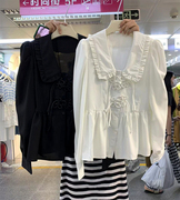 韩国东大门2024春季时尚气质，甜美宽松白色，娃娃领长袖衬衫女装