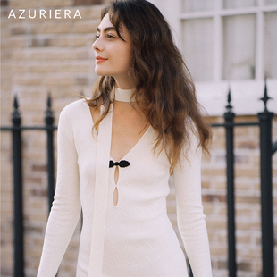 azuriera法式羊毛连衣裙，柔美纯白高级优雅保暖紧身显瘦毛衣长裙