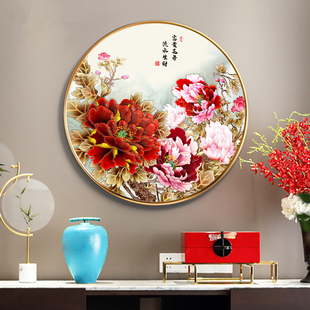 新中式客厅装饰画玄关牡丹花，餐厅挂画轻奢现代沙发，墙画圆形壁画