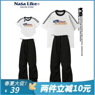 NASA休闲时尚搭配一整两件套装情侣字母短袖t恤男女伞兵工装长裤