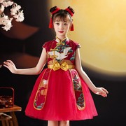 国潮礼服儿童演出服女童潮服红色蓬蓬裙中国风童装大合唱礼服