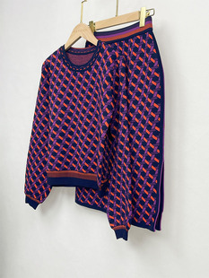 dvft针织套装23秋冬荧光橘紫几何灯笼，袖针织上衣+半裙