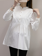 孕妇衬衣春秋长袖中长款立领，上衣新韩版宽松时尚，白色职业打底衬衫