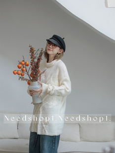 NeedShop12022秋冬米白色刺绣花朵慵懒风宽松套头中长款毛衣