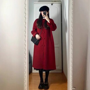 高级感红色呢子大衣2024春冬装，韩系赫本风，小个子毛呢外套女中长款