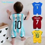婴儿衣服世界杯夏季男宝宝夏装哈衣网红足球连体衣纯棉运动服巴西