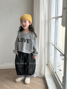 儿童上衣韩版女童字母，印花做旧短款长袖卫衣，男宝宝洋气套头运动衫