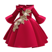 女童连衣裙中袖绣花儿童裙钢琴礼服裙红色露肩新年表演服公主童裙