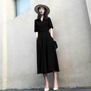 黑色长裙2023夏装韩版女装v领气质收腰显瘦复古连衣裙雪纺裙