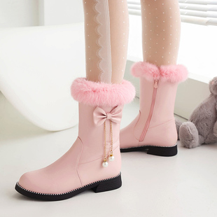中学生雪地靴2023冬季可爱粉色平底鞋小女孩中筒靴，女童公主鞋