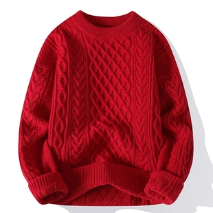 本命年红色毛衣秋冬季男士，高级感粗麻花针织衫外套圣诞情侣，毛线衣(毛线衣)
