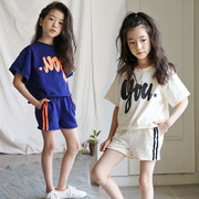 亲子装夏季母女韩版男女童，纯棉t恤套装，中大童洋气运动短裤两件套