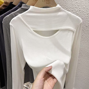 2022白色镂空上衣女长袖设计感小众秋季修身黑色内搭半高领打底衫