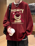 t恤男长袖草莓熊秋季美式重磅纯棉内搭上衣潮牌宽松酒红色打底衫