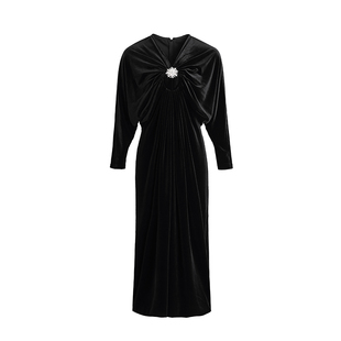 xenseyou原创设计黑色v领长袖落肩蝙蝠袖，丝绒连衣裙花朵钻中长裙
