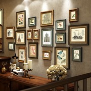 速发实木照片墙鹿装饰客厅美式相框墙复古欧式免打孔楼梯相片墙组